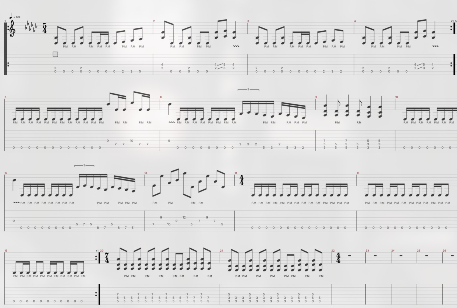Trecho da tablatura de Mi'raj: pauta e tablatura de guitarra